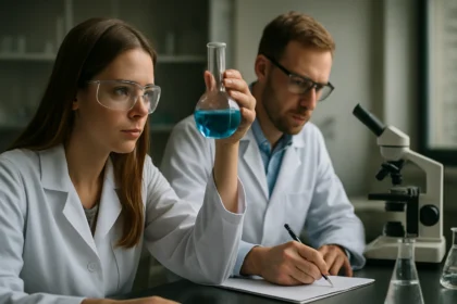 Két tudós laboratóriumban, az egyik kék folyadékot vizsgál.