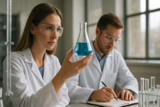 Két kémikus laboratóriumban dolgozik nátrium-diacetáton és kémiai analízisen.