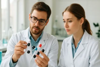 Két kutató nátrium-dihidrogén-foszfát molekulát tanulmányoz