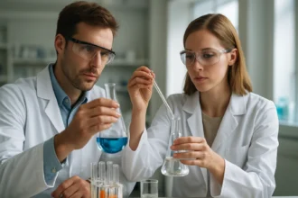 Két kutató kémiai reakciót végez, nátrium-dioxid vizsgálat során.