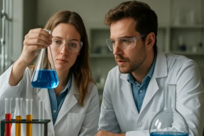 Két kutató kémiai kísérletet végez egy laboratóriumban.