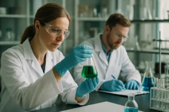 Kémiai laboratóriumban működő kutatók nátrium-foszfáttal