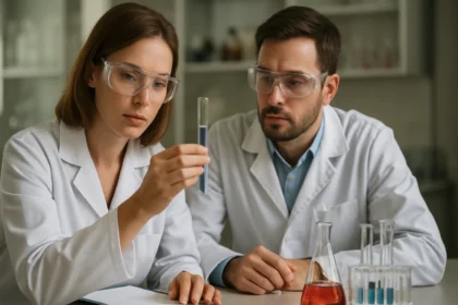 Két kutató a nátrium-glükonát kémiai vizsgálatán dolgozik laboratóriumban.