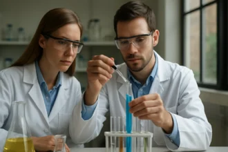 Két tudós laboratóriumi kísérletet végez nátrium-hexafluor-alumináttal.