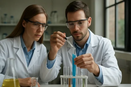 Két tudós laboratóriumi kísérletet végez nátrium-hexafluor-alumináttal.