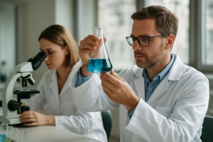 Kémiai kísérlet laboratóriumban, nátrium-hidrogén-acetát vizsgálata.