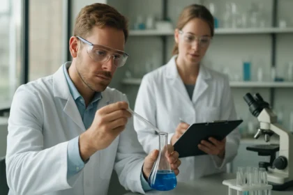 Két tudós laboratóriumban, üzemi környezetben, kémiai kísérletet végez.