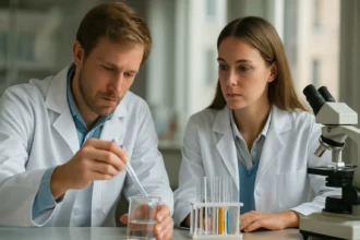 Két kémikus nátrium-hidroxid kísérletet végez laboratóriumban.