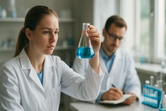 Kémiai laboratórium: női kutató nátrium-hiposzulfit vizsgálatát végzi.