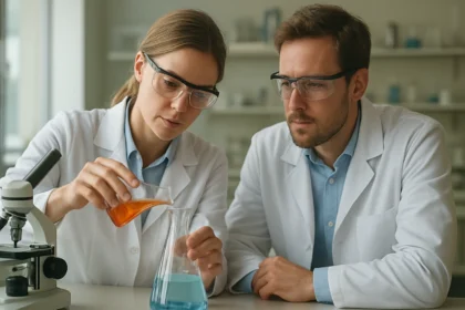 Két tudós kémiai kísérletet végez, nátrium-klorid vizsgálat során.