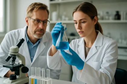 Két tudós vizsgál egy kémiai oldatot laboratóriumban.