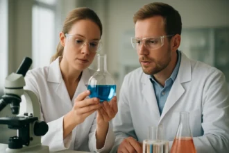 Két kutató laborban, fém-organikus vázakat vizsgálnak kémiai elemzéssel.