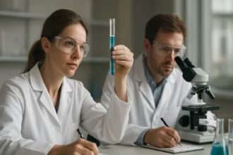 Két tudós laboratóriumban, nátrium-lauril-szulfát kutatása közben