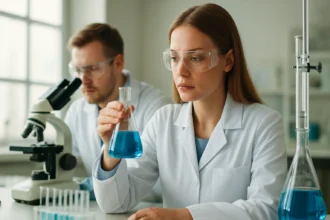 Két laboratóriumi szakember, akik nátrium-metabiszulfit kísérletet végeznek.