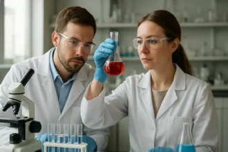 Két kutató laboratóriumban, vegyületek vizsgálata közben.