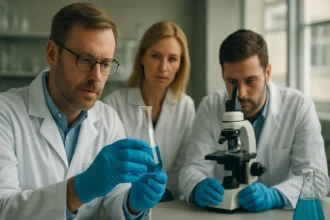 Kutatók laboratóriumi környezetben, nátrium-oxid vizsgálata.