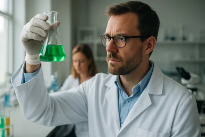 Laboratóriumi kísérlet során értékelő tudós nátrium-piroborát oldatot vizsgál.