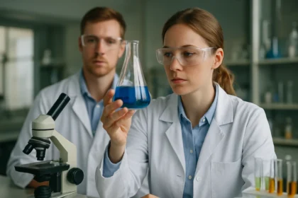 Két tudós laboratóriumban nátrium-szorbátról végzett kísérletezés közben.