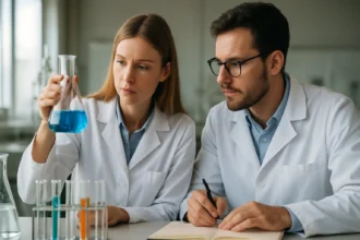 Két tudós laboratóriumban nátrium-szulfitot vizsgál.