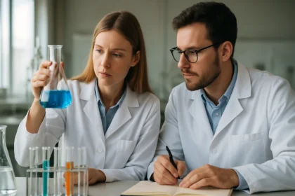 Két tudós laboratóriumban nátrium-szulfitot vizsgál.