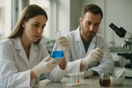 Kémikusok laboratóriumban dolgoznak nátrium-szuperoxiddal.