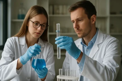 Két kutató a nátrium-tetraborát kémiai vizsgálatán dolgozik laboratóriumban.