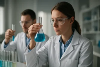 Kémiai laboratóriumban dolgozó fiatal tudós kék folyadékot vizsgál