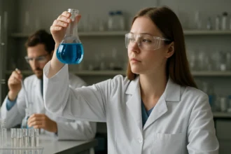 Kémiai kísérlet folyamatban egy laboratóriumban.