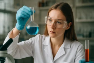 Női tudós laborban n-butil-alkoholt vizsgálva.