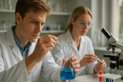 Két laboratóriumi kutató nátrium-szulfát kémiai vizsgálatán dolgozik.