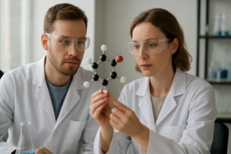 Két kutató nátrium-szulfid molekulát vizsgál egy laboratóriumban.