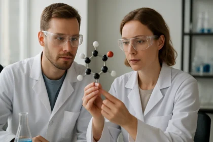 Két kutató nátrium-szulfid molekulát vizsgál egy laboratóriumban.