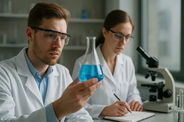 Két tudós laboratóriumban, az egyik kék folyadékot vizsgál