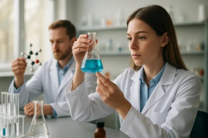 Két kutató laboratóriumban metán előállításának folyamatát vizsgálja.