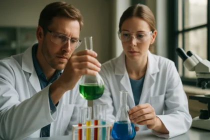 Kutatók kémiai kísérletet végeznek laboratóriumban.