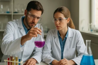 Két tudós laboratóriumban kémiai kísérletet végez.