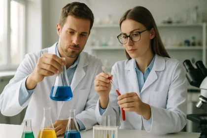 Két kutató laboratóriumi kísérletet végez kémiai vegyületekkel.