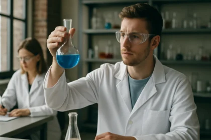 Fiatal tudós laboratóriumban kék folyadékkal teli lombikot tart a kezében.