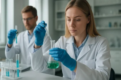 Kutatók laboratóriumban rozsdamentes acél jellemzőivel foglalkozva