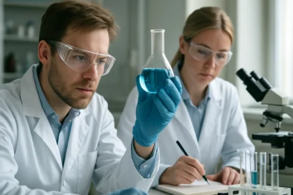 Két kutató laboratóriumi környezetben, vegyületet vizsgálva