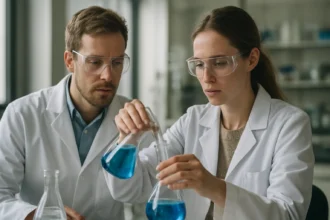 Két kémikus laboratóriumban, kék folyadékokkal végzett kísérlet közben.