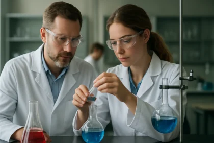 Két tudós kémiai méréseket végez egy laboratóriumban, víz keménysége