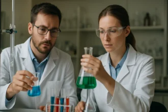 Két tudós laboratóriumban vízkeménységet vizsgál.