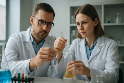 Két kutató laboratóriumban végzi a nem poláris oldószerek vizsgálatát.