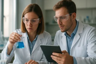 Két kutató laboratóriumi kísérlet közben, metankarbonitril vizsgálat.