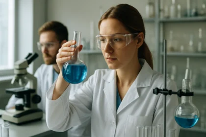 Kémikus laboratóriumban kék folyadékot vizsgál egy kémcsőben.