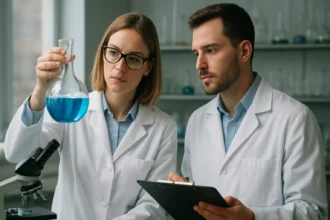 Két kutató laboratóriumban neoprén kémiai elemzése.