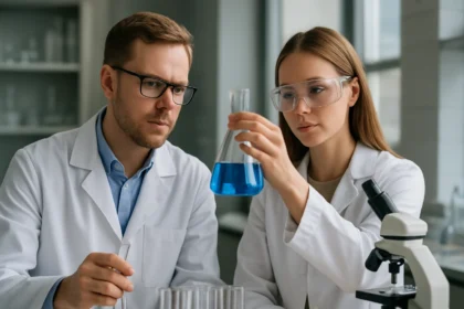 Két fiatal tudós kémiai kísérletet végez laboratóriumban.