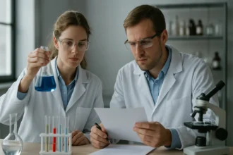 Két kémikus laboratóriumban, kék folyadékkal teli lombikot vizsgálva.