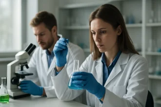 Laboratóriumi kísérlet, ahol tudósok elektromos kémiai reakciókkal foglalkoznak.